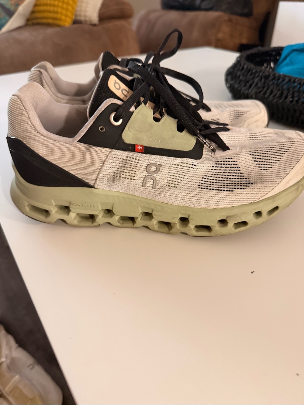 On Running Women's Athletic Shoes in Light Gray and Olive Green